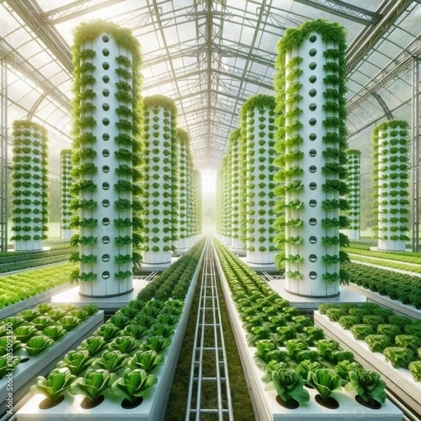 Obraz Modern Hydroponic Greenhouse with Vertical Farming Towers Growing Lush Green Vegetables, Showcasing Sustainable Agriculture Techniques and Innovation in Eco-Friendly Food Production