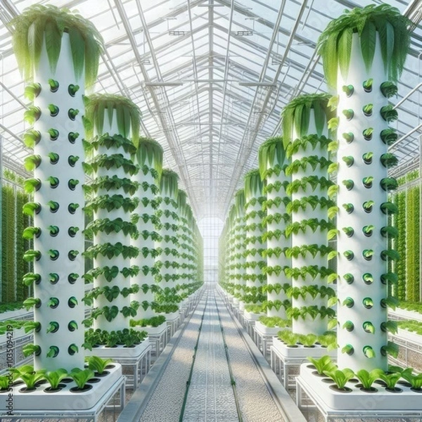 Obraz Modern Hydroponic Greenhouse with Vertical Farming Towers Growing Lush Green Vegetables, Showcasing Sustainable Agriculture Techniques and Innovation in Eco-Friendly Food Production