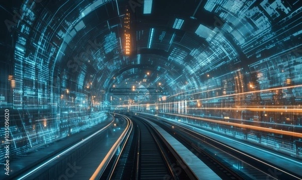 Fototapeta Train tracks in a digital tunnel.