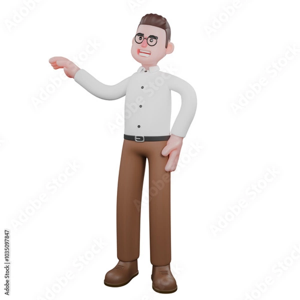 Fototapeta Animated Professional Sociologist. A male sociologist is standing with his right hand raised to the right side and his left hand on his waist. Social Research Model