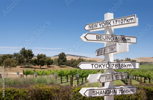 Fototapeta Direction Sign post from Australian farmland with cities of the world, travel concept