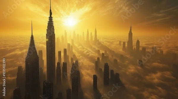 Fototapeta A city skyline emerges from the clouds at sunrise