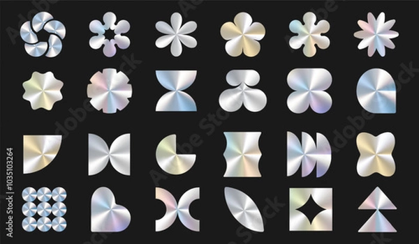 Fototapeta a set of rainbow holographic stickers of different shapes on a dark background. Vector illustration