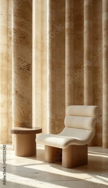 Fototapeta A plush, white armchair with a rounded back sits beside a wooden side table against a backdrop of textured, stone columns.