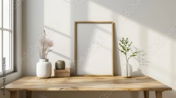 Fototapeta A contemporary home office with white walls and a wooden desk. The desk features a blank picture frame and a single book. Bright