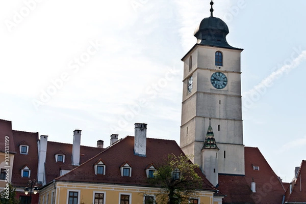 Fototapeta Council Tower of Sibiu, Romania. It's a prominent landmark known for its imposing height, distinctive architecture, and historical significance.