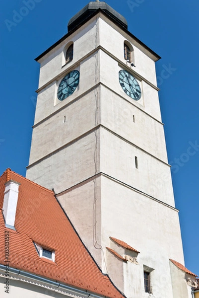Fototapeta Council Tower of Sibiu, Romania. It's a prominent landmark known for its imposing height, distinctive architecture, and historical significance.