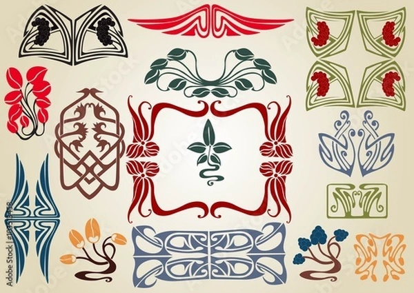Fototapeta set of art nouveau silhouette elements