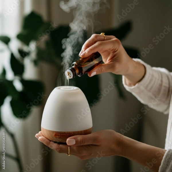 Obraz Close-up of a woman’s hands pouring essential oil into a diffuser in a peaceful home setting.