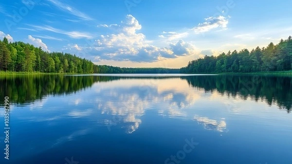 Fototapeta Tranquil Lake with Reflection of Clouds and Trees