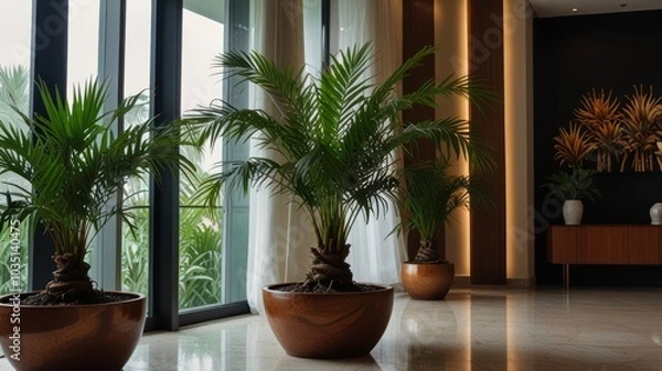 Fototapeta Three potted palm trees in a modern interior with large windows, white curtains, and a wooden console table.