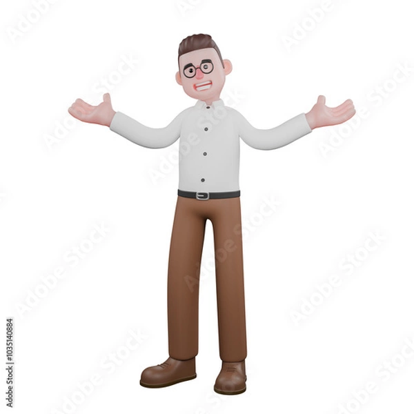 Fototapeta Animated Professional Sociologist. A male sociologist is standing with both hands raised to the side, as if looking for consideration. Male Professional