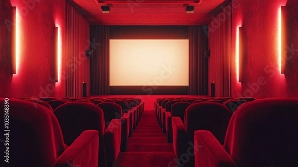 Fototapeta A spacious and cozy cinema interior featuring plush red seats and dim lighting, creating an inviting atmosphere for film enthusiasts.
