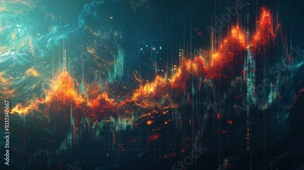 Obraz Abstract digital artwork depicting a fiery and energetic scene with vibrant orange and blue hues, resembling a fusion of technological elements and natural phenomena.