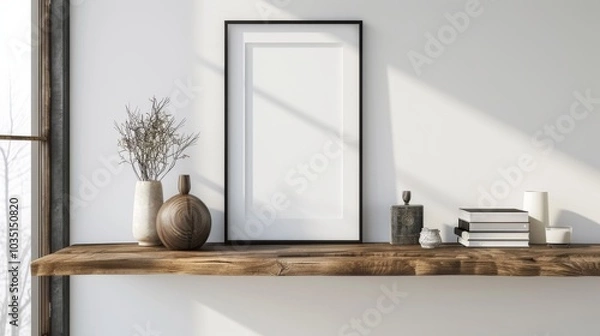 Fototapeta A contemporary home office with white walls and a wooden desk. The desk has a blank picture frame and a small potted succulent. Bright