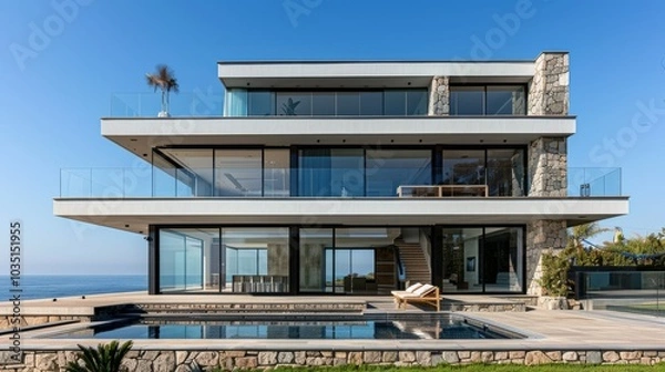 Fototapeta A contemporary two-story villa by the sea, featuring a large terrace and an empty pool space in front. The villa is constructed with stone and glass
