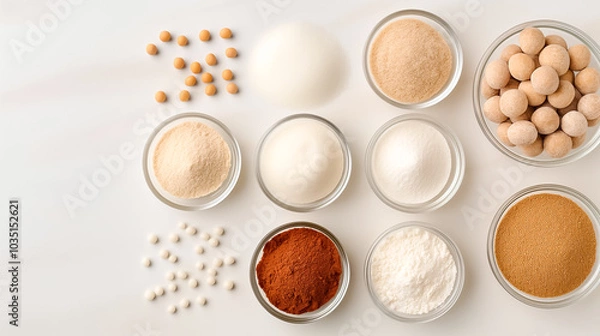 Fototapeta A collection of various spices and sugars arranged neatly in glass jars on a simple background showcases diverse ingredients for cooking and baking