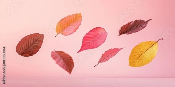 Fototapeta Autumn leaves gently floating against a soft pink background