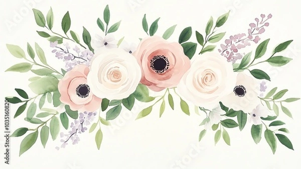 Fototapeta Elegant watercolor floral arrangement with soft peonies and lush greenery, perfect for wedding decor or botanical-themed designs.