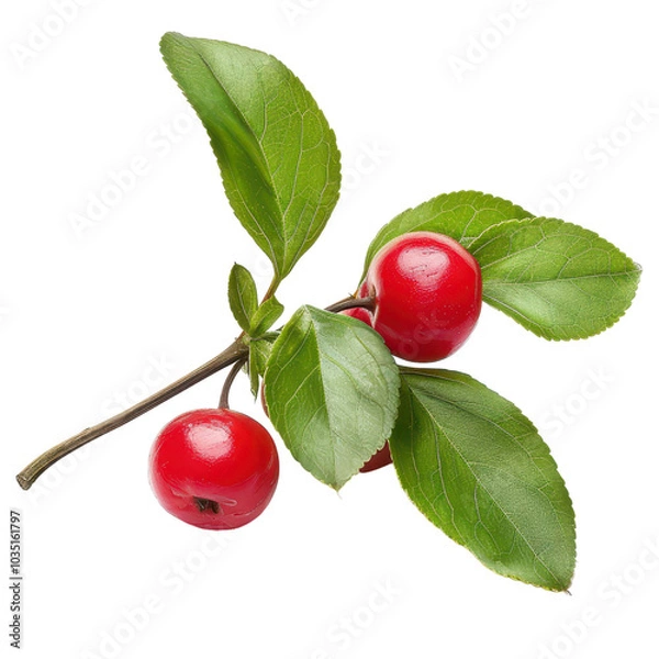 Fototapeta Vibrant red berries with green leaves, perfect for showcasing nature's beauty in photography and design projects. PNG transparent background.