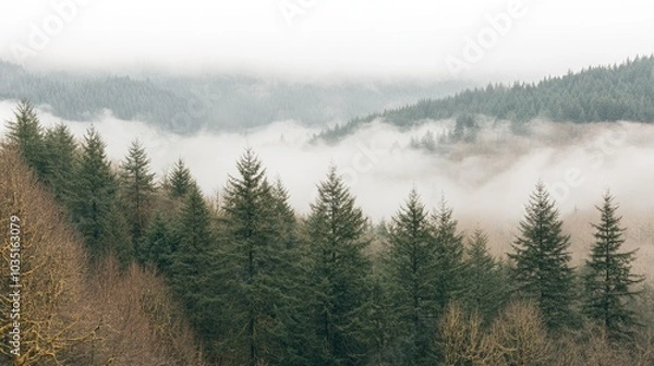 Obraz Misty Forest Landscape with Mountain Background