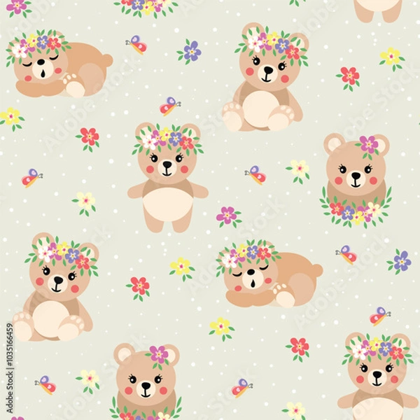 Fototapeta Seamless background pattern of spring teddy bear with flowers