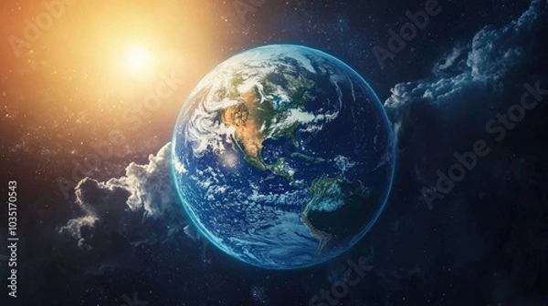 Fototapeta Majestic Planet Earth Viewed from Cosmic Space with Glowing Sun and Clouds