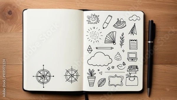 Fototapeta Notebook with black ink doodles: house, coffee cup, cloud, pencil, leaf, tablet, snowflake, and arrows. Pens lie beside it on the wooden surface.