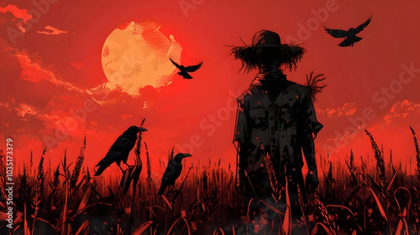 Obraz An eerie illustration of a scarecrow standing in a cornfield, with crows perched on its shoulders and a blood-red sunset in the background