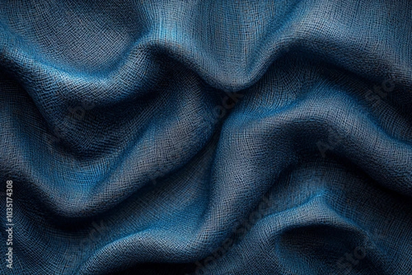 Fototapeta Close-up of intricately patterned blue fabric draped in soft folds