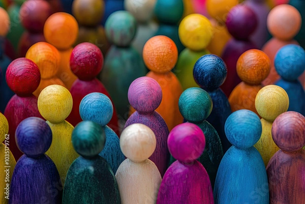Fototapeta AItems of diversity, figures made of wood representing different personality characteristics in workplace, unique crowd, photorealistic