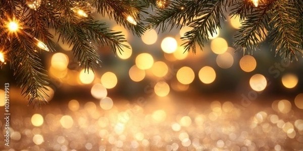 Fototapeta Soft Lights Through Pine Branches in Holiday Scene