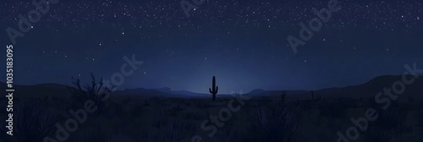 Obraz A quiet serene desert landscape at night with a clear sky full of twinkling stars and the silhouette of a tall cactus standing tall against the dark atmospheric backdrop