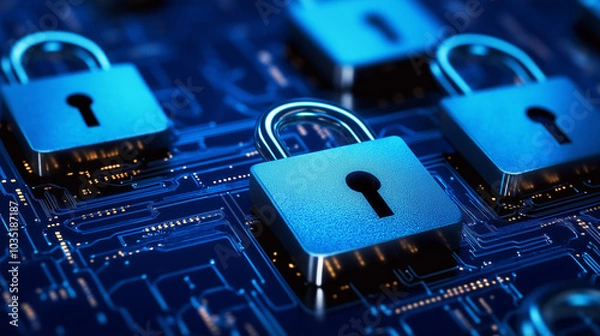 Fototapeta Cybersecurity Lock with Digital Shield and Futuristic Encryption Symbols