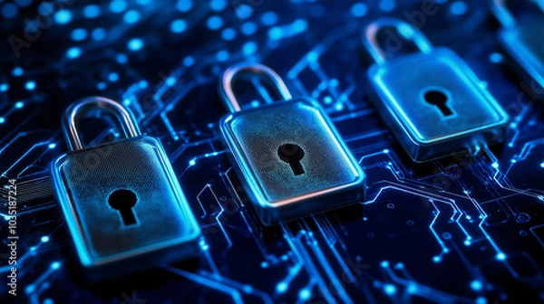 Fototapeta Cybersecurity Lock with Digital Shield and Futuristic Encryption Symbols