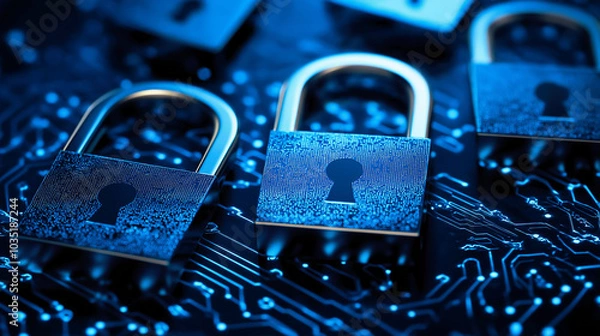 Fototapeta Cybersecurity Lock with Digital Shield and Futuristic Encryption Symbols