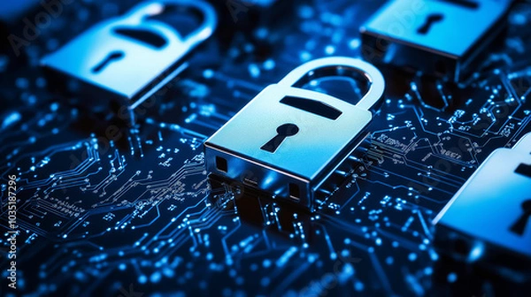 Fototapeta Cybersecurity Lock with Digital Shield and Futuristic Encryption Symbols