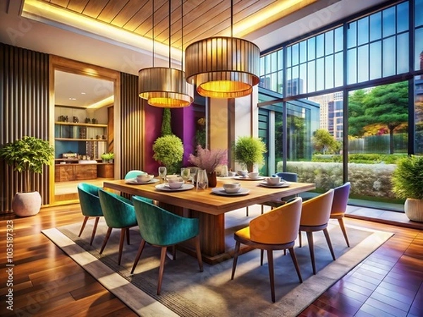Fototapeta A modern dining table in isometric view, highlighting sophisticated furniture arrangement and elegant table settings, perfect for contemporary home decor and interior design inspiration.