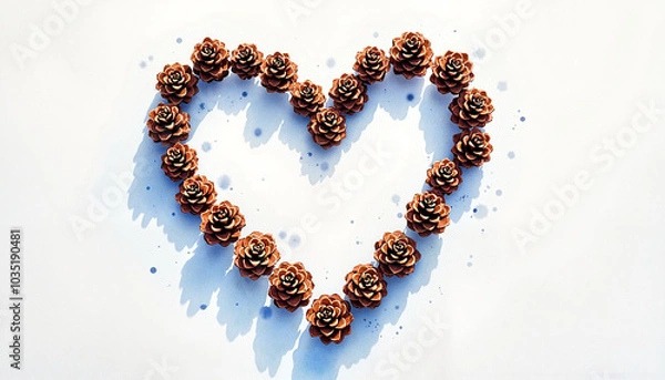 Fototapeta Heart shape made of pine cones on a white background with soft shadows, creative design
