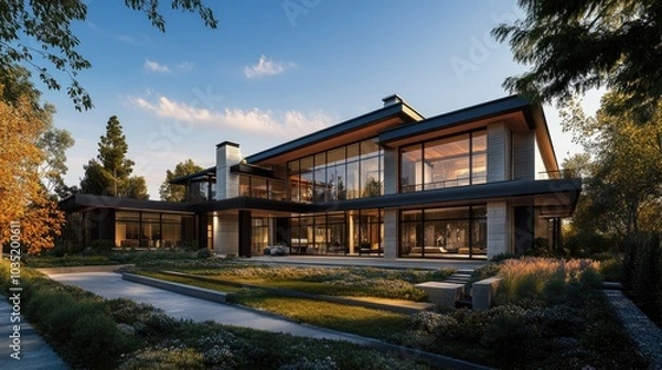 Fototapeta A modern luxury home with sleek architecture, large glass windows, and a beautiful garden, symbolizing high market value and profitable investment