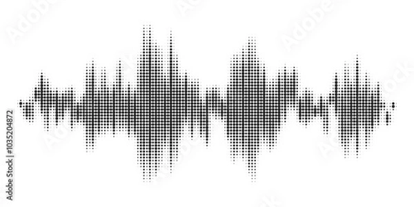 Fototapeta Black halftone vector sound waves flow isolated on a white background. Waveform pattern for music, dictaphone, podcast, voice message, or social media background. Spectral music frequency illustration