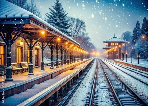Fototapeta Serene Winter Landscape at a Snow-Covered Train Station with Tranquil Tracks and Platforms for Urban Exploration Photography
