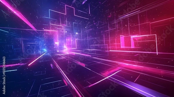 Fototapeta Futuristic abstract design with floating neon geometric shapes and glowing energy patterns