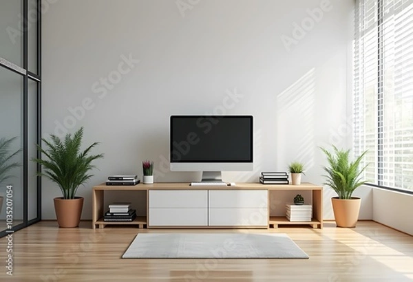 Fototapeta Modern computer with blank screen on desk, space for design. Comfortable workplace

