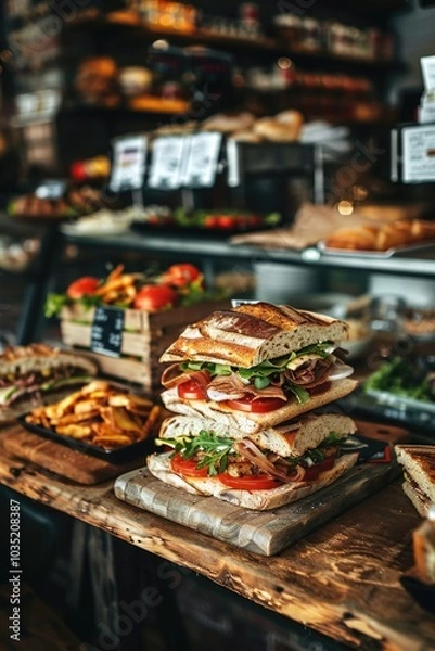 Fototapeta A wooden table filled with various types of food, ideal for use in scenes related to feasting or celebrations