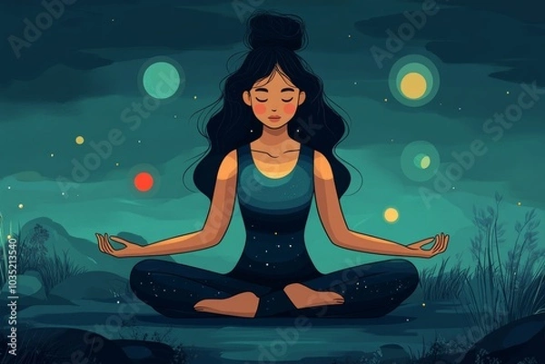 Fototapeta Vector illustration of a woman meditating outdoors at night surrounded by glowing orbs symbolizing inner peace mindfulness and cosmic energy in a serene spiritual setting