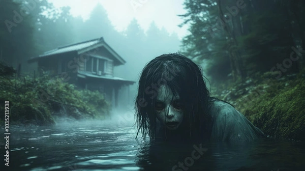 Fototapeta A ghost is submerged in a body of water, with a creepy, twisted face