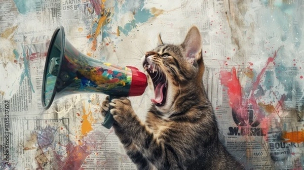 Fototapeta A cat holds a megaphone in its mouth, ready to make some noise