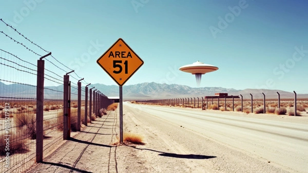 Fototapeta Intriguing View of Area 51 Sign Amidst Nevada Desert's Barbed Wire and Secretive Facilities