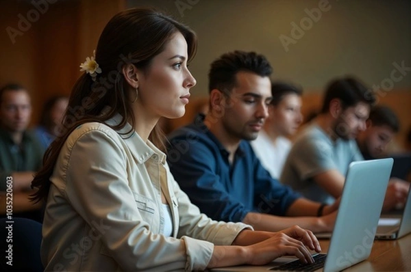 Obraz Focused Students Using Laptops During Classroom Lecture